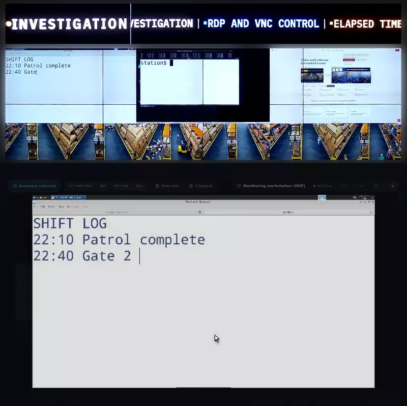 Top: the physical wall filmed by the room camera. Bottom: one browser window, from which the operator types in an RDP desktop, runs commands in a VNC terminal and scrolls a web page; the wall shows every change