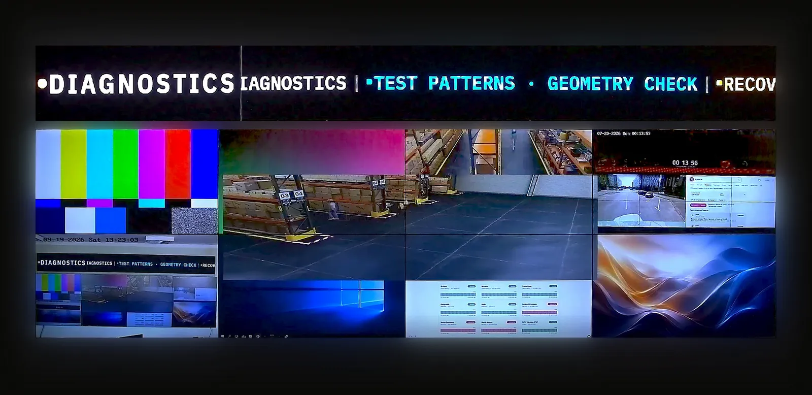 The diagnostics scene: test patterns, geometry check and the recovery of sources on the stand's wall.