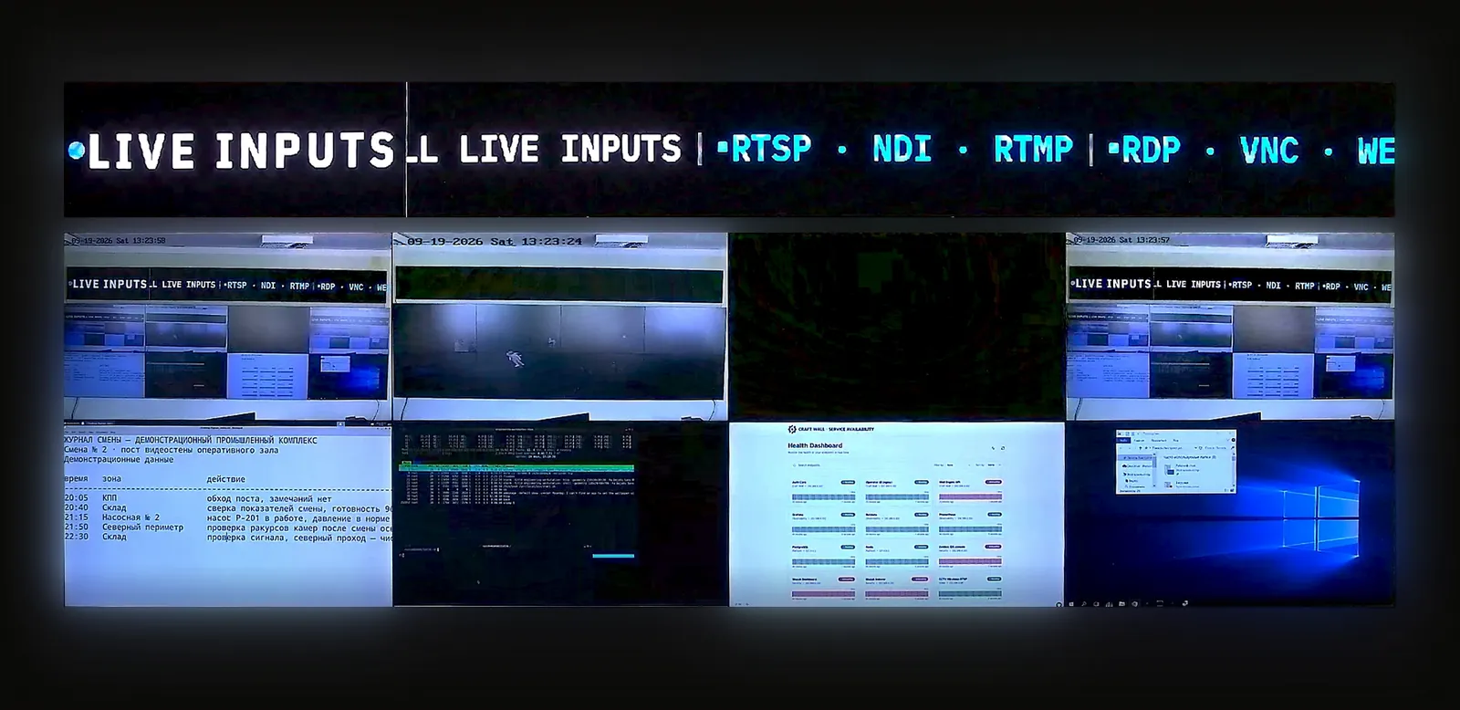 The stand's wall with twelve source types at once: cameras, NDI, capture, web dashboards, remote desktops, documents and test patterns.